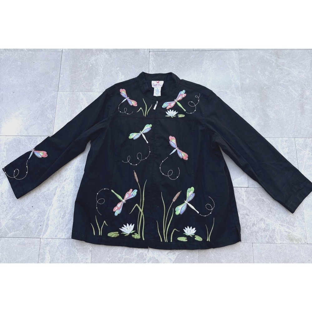 Quacker Factory Women's 1X Black Embroidered Dragonfly Full Zip Jacket Applique